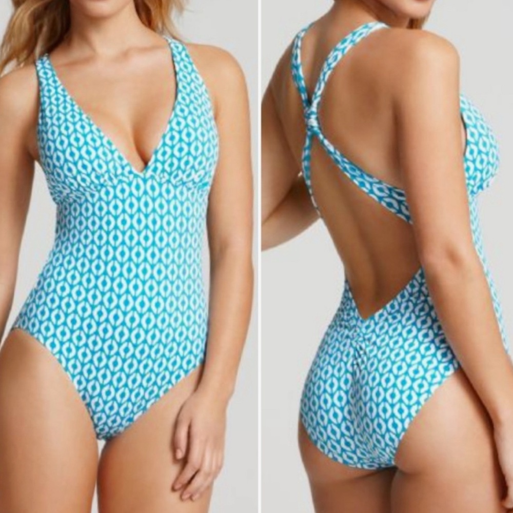 ECHO DESIGN Plunge V-neck Cross Back Straps Swimsuit ~ NWT